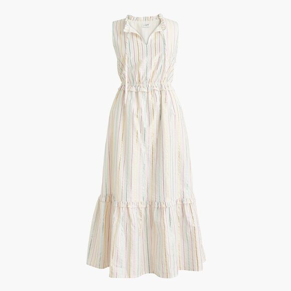 NWT J.Crew Women's Shimmer Tie-Front Midi Dress in White/Metallic Striped Size 0 - Picture 1 of 9